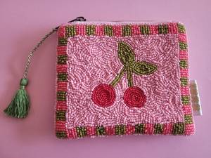 Handmade Square Pink Beaded Cherry <b>Purse</b> With <b>Green</b> Tassel Zipper Craft Gift - Product Image 6