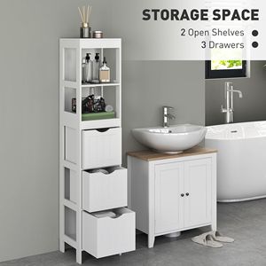 Mobiletto stretto bianco per bagno con 3 cassetti e 2 ripiani aperti, scaffale sottile da terra per bagno - Product Image 4