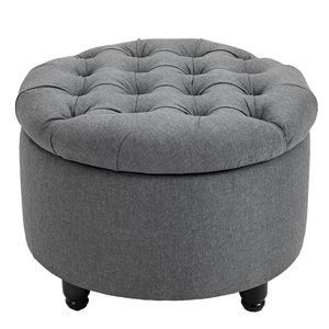 Panca Ottomana Rotonda in Lino Grigio con Bottoni Trapuntati per Soggiorno e Camera da Letto - Product Image 1