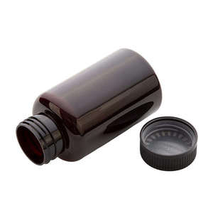 Botella de PET 100% Ecológica de 150 CC, Forma Redonda, Acabado de Cuello 38-400, Impresión Serigráfica, Color Ámbar Oscuro, para Envasado de Medicamentos - Product Image 1