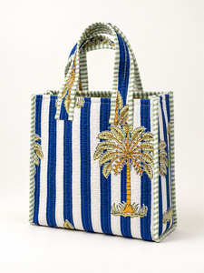 Sac fourre-tout matelassé en coton pour femme Veer Handicrafts QB-002, imprimé palmiers tropicaux rayés bleus, poignées vertes, fermeture éclair, plage - Product Image 6