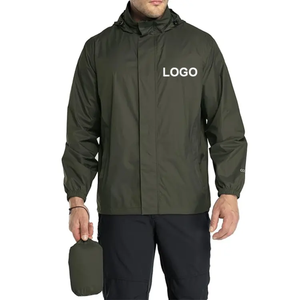Veste coupe-vent imperméable à capuche pour homme, couleur unie, fermeture éclair sur le devant, vêtements décontractés pour l'extérieur, matière polyester, vert - Product Image 1