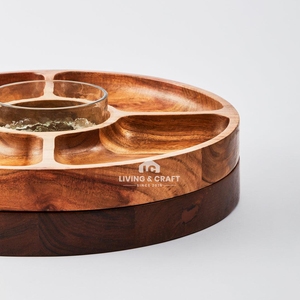 Handmade Mango Wood Sectional Serving Platter with 5 Compartments | Round Wooden <b>Snack</b> and Dry Fruit <b>Tray</b> - Product Image 3