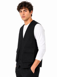 Gilet sans manches noir pour homme, décontracté, avec fermeture éclair sur le devant, multi-poches, col en V, veste légère et fonctionnelle - Product Image 2