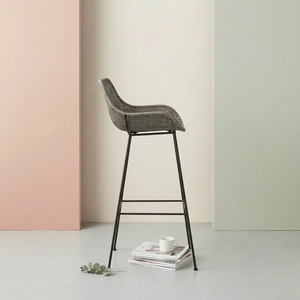 Modern Wicker <b>Bar</b> <b>Stool</b> Woven Bucket <b>High</b> Chair With Black Metal Legs For Contemporary Kitchen Island Cafe Restaurant Seating - Product Image 3
