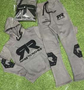 High Quality Custom Unisex <b>Cropped</b> Embroidery Applique Sweatpants and Hoodie Set Distressed <b>Zip</b> <b>up</b> Tracksuits for Men Sweatpants - Product Image 5