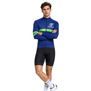 Maillot de cyclisme bleu à manches longues pour homme avec bande verte, fermeture éclair intégrale, haut de performance pour le vélo - Product Image 5