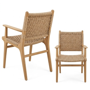 Silla de Comedor Moderna Malaka de Madera de Teca Sólida con Respaldo y Tejido de Ratán Sintético, No Plegable, Acabado Bien Lijado, Modelo Villa - Product Image 1