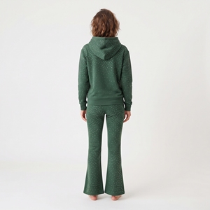 Conjunto de Sudadera con Capucha y Pantalones Acampanados de Punto Acanalado con Estampado de Puntos Verdes y Pedrería para Mujer, Ropa Deportiva Casual de Invierno, Moda Urbana - Product Image 6