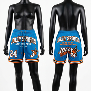 Shorts de basket-ball pour femmes, tissu en maille polyester respirant, bleu orange, coupe athlétique, logo imprimé par sublimation. - Product Image 3