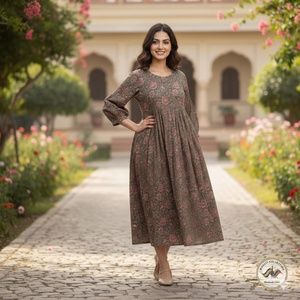 Floral A LINE Cotton Floor Length Dress O Neck <b>Three</b> Quarter Puff Sleeves Women's Daily Wear Embroidery Summer Outfit - Product Image 3