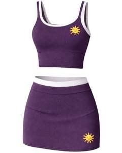 Conjunto de Falda de Dos Piezas Morado para Mujer, Personalizado por el Fabricante, Top Corto sin Mangas, Minifalda de Cintura Alta, Suave y Elástica, Atuendo Casual de Verano - Product Image 1