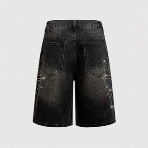 Men's High Waist Rhinestone Embellished Bermuda <b>Shorts</b> Street Style <b>Sequined</b> Denim <b>Shorts</b> Button Fly Woven Fabric - Product Image 2