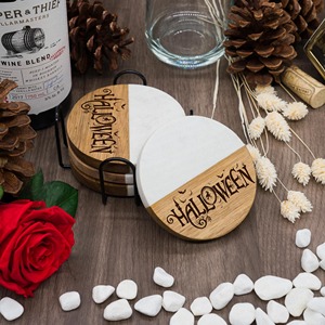 Ensemble de sous-verres en bois et marbre sur le thème d'Halloween avec support, empêche les marques de chaleur du thé chaud, du café et des boissons, en provenance d'Inde - Product Image 6