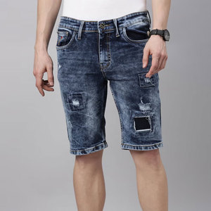 Men's Blue Denim Shorts High Waist Straight Leg Ripped Distressed Casual Streetwear Summer Wear Pockets Breathable Cotton Fabric - Product Image 1