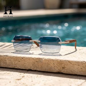 Luxury Rimless Square Diamond Sunglasses Men Women Patterned <b>Wood</b> <b>Temples</b> Grey Gradient Lens Eyewear - Product Image 1