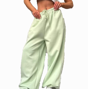 Pantalon Harem Taille Haute Femme en Coton Éponge Couleur Unie avec Cordon de Serrage Coupe Ample Longueur Entière Décontracté Été - Product Image 2