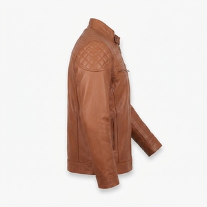 Blouson de motard en cuir d'agneau pour homme, coupe ajustée, vintage, imperméable, col montant, teinture unie, vente en gros OEM - Product Image 1