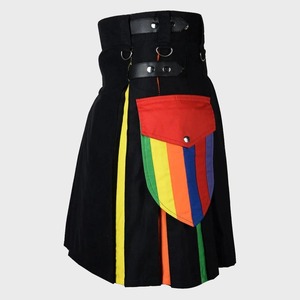 Kilt pour homme noir à blocs de couleur avec panneaux jaunes et rouges, en coton, coupe classique, style européen - Product Image 4