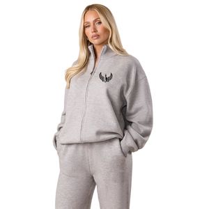 Sweat-shirt gris clair en maille à fermeture éclair intégrale, col montant respirant, coupe décontractée, manches longues, style streetwear décontracté pour femme - Product Image 1