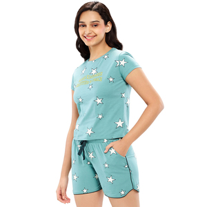 Conjunto de Pijama de 2 Piezas para Mujer, Estampado de Estrellas, Tejido Ecológico de Poliéster, Top de Manga Corta, Pantalones Cortos, Cuello Redondo, Casual, Primavera/Verano - Product Image 1