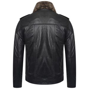 Veste de moto en cuir véritable pour homme, col rabattable, fermeture éclair, style motard hiver, coupe ajustée, doublure Sherpa écologique - Product Image 3
