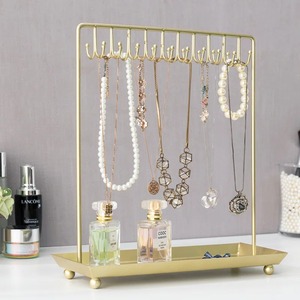 Gold Metal Jewelry Organizer Stand with <b>Tray</b> for Necklaces and <b>Perfumes</b> - Product Image 1