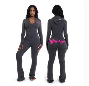 Women Yoga Set Slim Fit Jacket <b>Flared</b> <b>Leggings</b> Pants Brand Logo Small MOQ Customize Gym Athletic Outfits 2 Piece Set for Women - Product Image 2