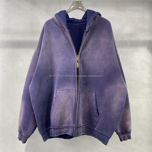 Custom Logo 360GSM High Quality Men's Zipper Hoodies Hooded Fleece Acid Wash Distressed Hip Hop Hoodies Men <b>Retro</b> Streetwear - Product Image 1