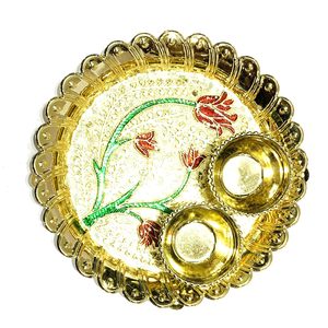 Gopi Kart Acrylic Pooja Thali pour Diwali |   Assiette à riz Bhog Kumkum au design antique pour le temple domestique - Product Image 1