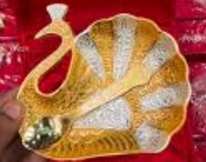 Bol de service décoratif en forme de paon plaqué or et argent avec cuillère assortie, plateau en métal argenté allemand fait main - Product Image 1