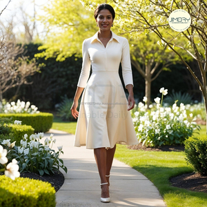 Robe évasée à col en lin et coton mélangé pour femme, tenue de tous les jours une pièce au genou, robe polyvalente de qualité pour l'exportation mondiale - Product Image 3