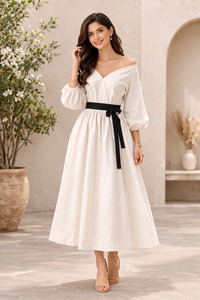 Elegante Vestido Midi de Lino y Algodón Blanco con Hombros Descubiertos para Mujer, Vestidos de Fiesta con Mangas Abullonadas y Fluídas, con Cinturón Negro en la Cintura - Product Image 6