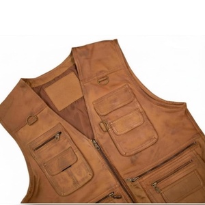 Chaleco Utilitario de Cuero Desgastado Color Bronceado para Hombre, Chaleco de Cuero Vacuno Vintage con Múltiples Bolsillos, Estilo Motero y de Viaje - Product Image 3