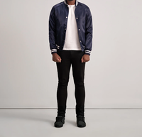 Veste universitaire unisexe en satin bleu marine à rayures blanches, col en V, poignets et fermeture éclair, style bomber sportif, patchwork, écologique