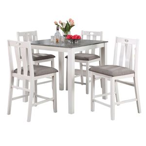 Set da Pranzo da 5 Pezzi con Tavolo in Legno Massello Bianco e 4 Sedie in Tessuto di Lino Grigio con Cuscini per Sala da Pranzo - Product Image 3