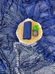 Sari indio elegante de georgette azul con bordado de encaje, estilo tradicional étnico de Bollywood para mujer. - Product Image 5