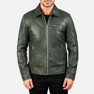 Sisa Apparels Men's Green Genuine Leather Coated Handmade Waterproof Vintage <b>Biker</b> <b>Jacket</b> for Winter - Product Image 2