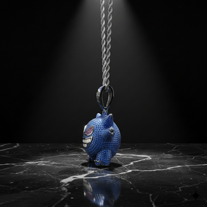 Pendentif Pokémon Gengar fantôme personnalisé serti de pierres, fabriqué à la main en or blanc 14 carats avec micro-pavé de saphirs bleus et diamants roses - Product Image 2