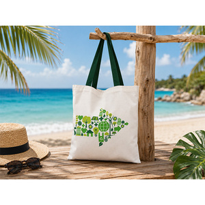 Premium Cotton Canvas <b>Tote</b> Bag with Tropical <b>Travel</b> Print, Reusable Beach Shopping Bag with Contrast Handles - Product Image 1