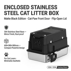 Lettiera per Gatti Chiusa in Acciaio Inossidabile Nero Opaco con Coperchio Anteriore a Ribalta a Forma di Zampa di Gatto, Facile da Pulire, Grande Capacità, Deodorante, per Più Gatti - Product Image 1