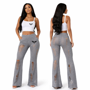 Pantalones de punto desgastados para mujer al por mayor con logo personalizado, de pierna ancha, rasgados, de cintura alta, estilo lounge, casual, streetwear, acampanados - Product Image 2