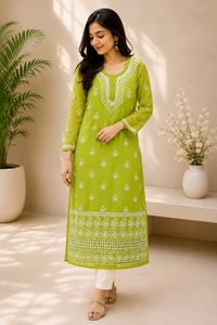 Kurti droit en Georgette vert citron brodé à la main, style Lucknowi Chikankari - Tunique ethnique indienne élégante pour la vente en gros - Product Image 1