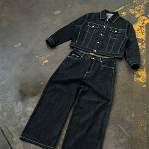 Clothing Custom Outfits Embroidered Contrast Stitch Denim Jeans Jacket Sets Oversized Heavyweight Denim <b>Pants</b> Sets for Men - Product Image 1