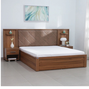 Lit en bois de teck avec dossier capitonné - Product Image 1