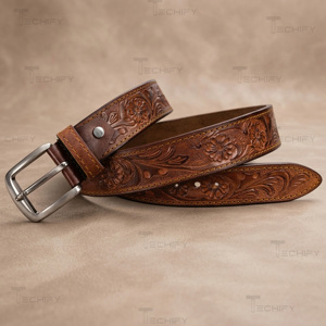 Cinturón de Cuero Vaquero Personalizado al por Mayor, con Grabado Floral Occidental, Cómodo, en Diferentes Colores y Tamaños, para Hombre - Product Image 5