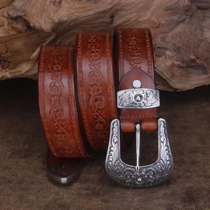 Nuevo Cinturón de Cuero Genuino Grabado con Diseño Floral Western para Hombre con Hebilla de Latón, Logotipo Personalizado, Cinturón de Cuero Western de Grano Completo - Product Image 5