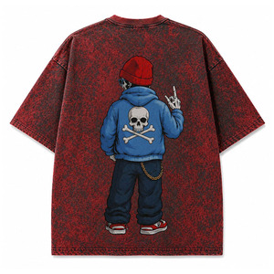 Custom <b>Men</b>’s Oversized Acid Wash <b>T</b>-<b>Shirt</b> Vintage <b>Red</b> Black Distressed Tee with Cartoon Skeleton Streetwear Graphic Print - Product Image 3