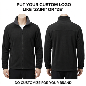 Chaqueta de running para hombre de forro polar anti-pilling prémium de 240 GSM, negra, con cremallera completa, solapa trasera reflectante, impermeable y logotipo grabado. - Product Image 1