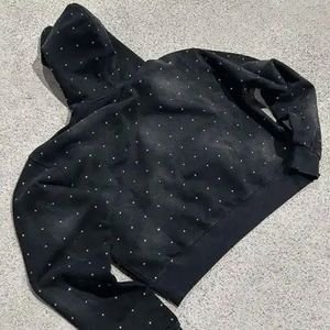 Sudadera con capucha negra para hombre con diseño personalizado de diamantes de imitación en toda la prenda, estilo color-block, de algodón mezclado, básica, para hombre. - Product Image 2